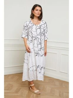 Leinen-Kleid In Weiß/ Schwarz -Modebekleidungs Geschäft curvy lady leinen kleid in weiss schwarz 2