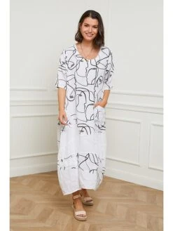 Leinen-Kleid In Weiß/ Schwarz