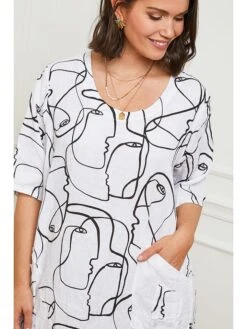 Leinen-Kleid In Weiß/ Schwarz -Modebekleidungs Geschäft curvy lady leinen kleid in weiss schwarz 3