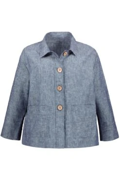 Jacke Leinenmix Boxy-Form Hemdkragen 3/4-Arm In Blau -Modebekleidungs Geschäft gina laura jacke leinenmix boxy form hemdkragen 3 4 arm in blau 2