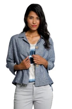Jacke Leinenmix Boxy-Form Hemdkragen 3/4-Arm In Blau