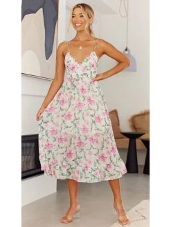 Kleid In Weiß/ Pink -Modebekleidungs Geschäft pretty summer kleid in weiss pink 3